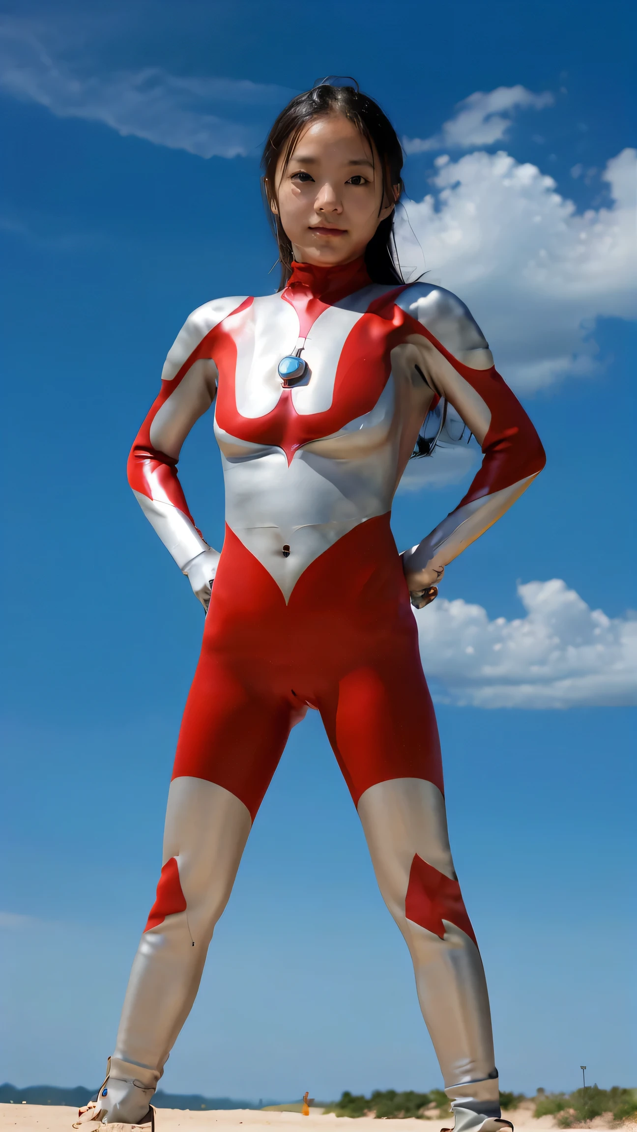 Ultraman、realistic、realistic、cinematic lighting, Girl in a shiny red and silver suit、15 years old、professional photos、Don&#39;Do not expose your skin, japanese model, japanese cgi、Ultraman Suit、, Power Rangers Suit、tight and thin cyber suit,Whole body rubbery、There&#39;s pink There、 delicate body, big breasts、small ass、thin thighs、thin arms、thin waist、camel toe、Both sides of the cyber suit stick to the skin、Big eyes、black short hair、facing the front、facing the front立っている、A glowing sphere is embedded in the chest.、Essay Examination、 blue sky background