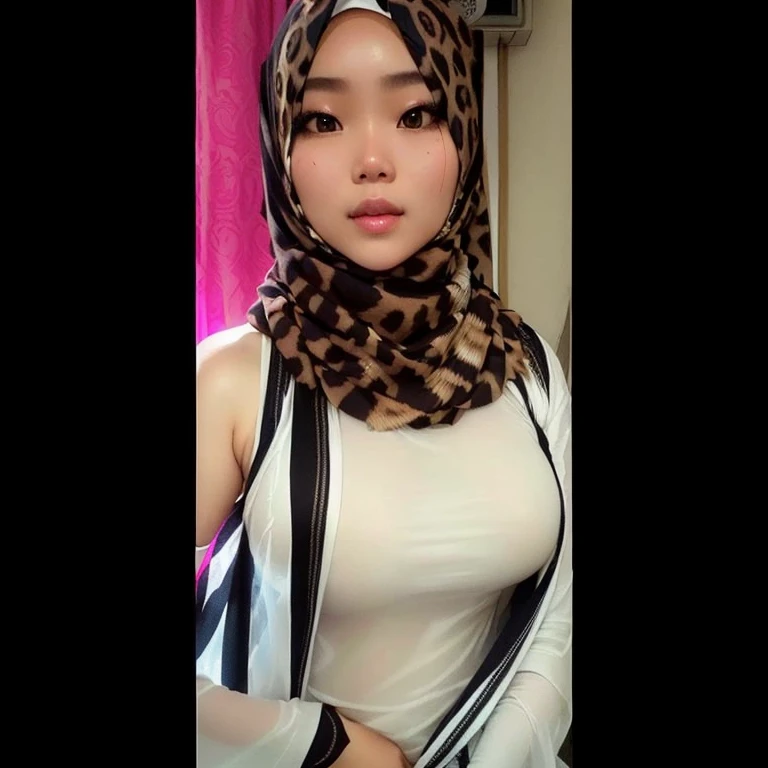 Indonesian girl wearing a leopard print scarf and transparent white top, with accurate face, hijab, sie boob, with exotic beauty, female beauty, white hijab, beautiful, leaked photos, with beautiful appearance, handsome girl, native ungune, attractive girl, portrait ,