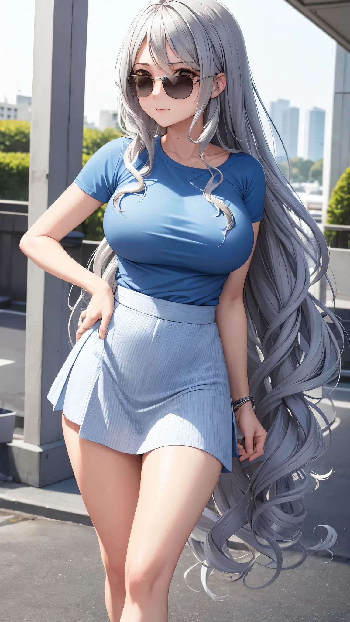 wavy silver hair that cascades to the middle of her back.  Brown eyes.  Slim and athletic build.  She was wearing a  skirt in shades of blue, a light blue shirt.  He was wearing sports shoes. Very Busty. 