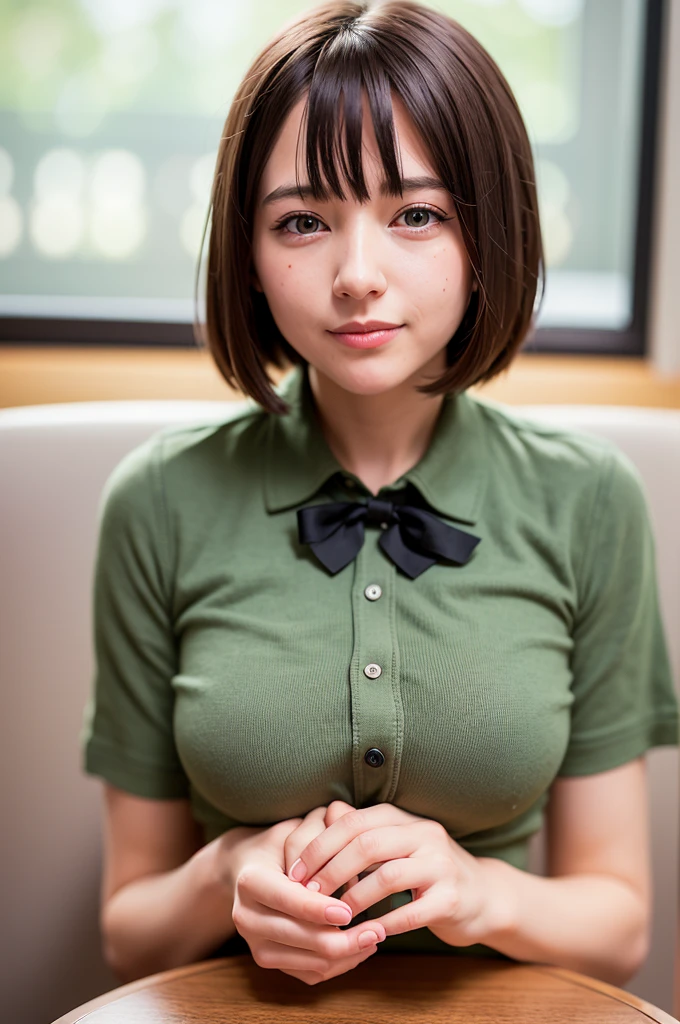 (8k, RAW photo, best quality, masterpiece:1.2), (realistic, photo-realistic:1.37), ultra-detailed, 1 girl,cute, solo,beautiful detailed sky,detailed cafe,night,sitting,dating,(nose blush),(smile:1.1),(closed mouth),large breasts, seductive smile, large aparture, professional lighting, Sony A7R4, Zessie 50mm F1.8, medium breasts,beautiful detailed eyes,(collared shirt:1.1), bowtie,pleated skirt,(short hair:1.2),floating hair