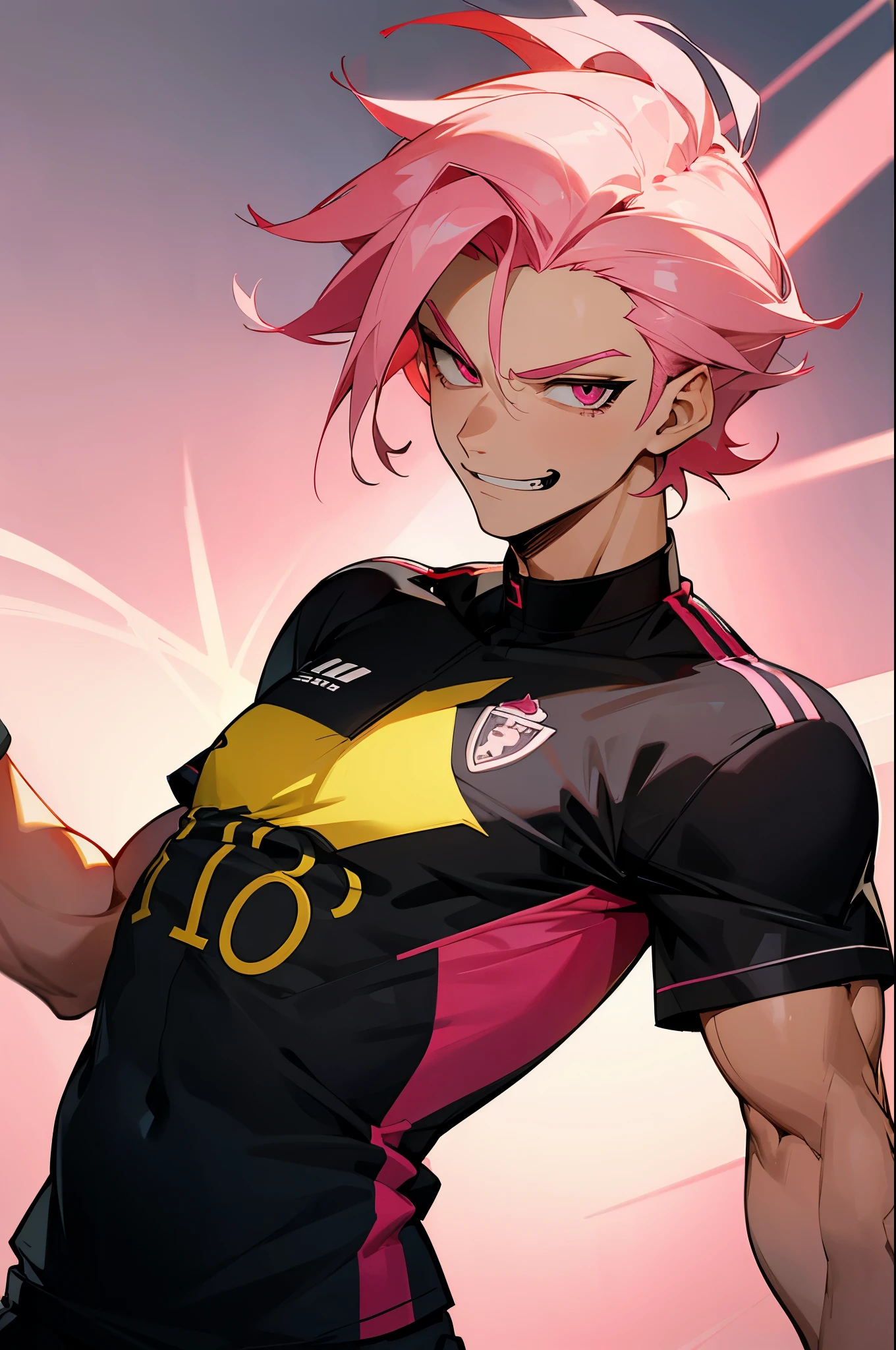 soccer jersey, two toned hair, young male, soccer field background, pink eyes, black and red jersey, light pink hair, muscular, smirking face, arms on sides,