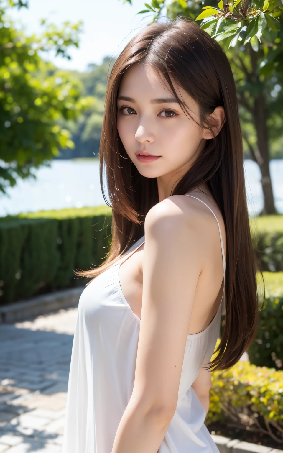 (Raw photo, Best Quality), (Realistic, Photorealsitic:1.3), masutepiece, Extremely delicate and beautiful, Soft light, (Brown hair, Shoulder-length straight hair swaying in the wind), Beautiful detailed girl, (Detailed fingers), extremely detailed eye and face, beautiful detailed nose, Beautiful detailed eyes, 1 girl, Japanese, Neat and clean beauty, Cute,  Shy face、 dress shirts, Pants, (Half body:1.3), (medium breasts), Realistic face, Realistic body,