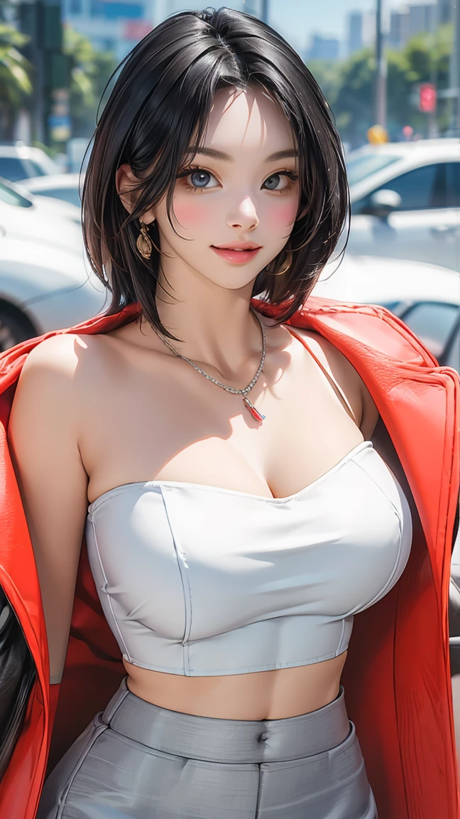 (best quality,4k,8k,highres,masterpiece:1.2),ultra-detailed,(realistic,photorealistic,photo-realistic:1.37), perfect body, nice breasts, printed tube top, miniskirt, shopping complex, necklace, bracelets