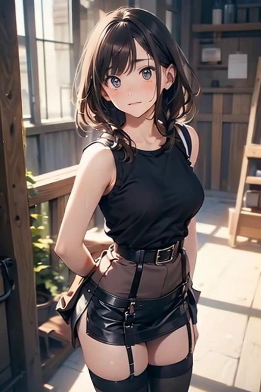 Brown Hair、Staring at the audience　　suspenders　　　bulging big breasts　　 　 　　　　Black mini skirt　garter belt　Knee-high socks　　　　　　sight　　　Small face　Bans 　　　　　Beautiful woman　　Show your hand　　 　sight 　Black boots 　Taunt　　Armpit sweat　I 　　Clasp your hands behind your back　Belted tank top　Nipples