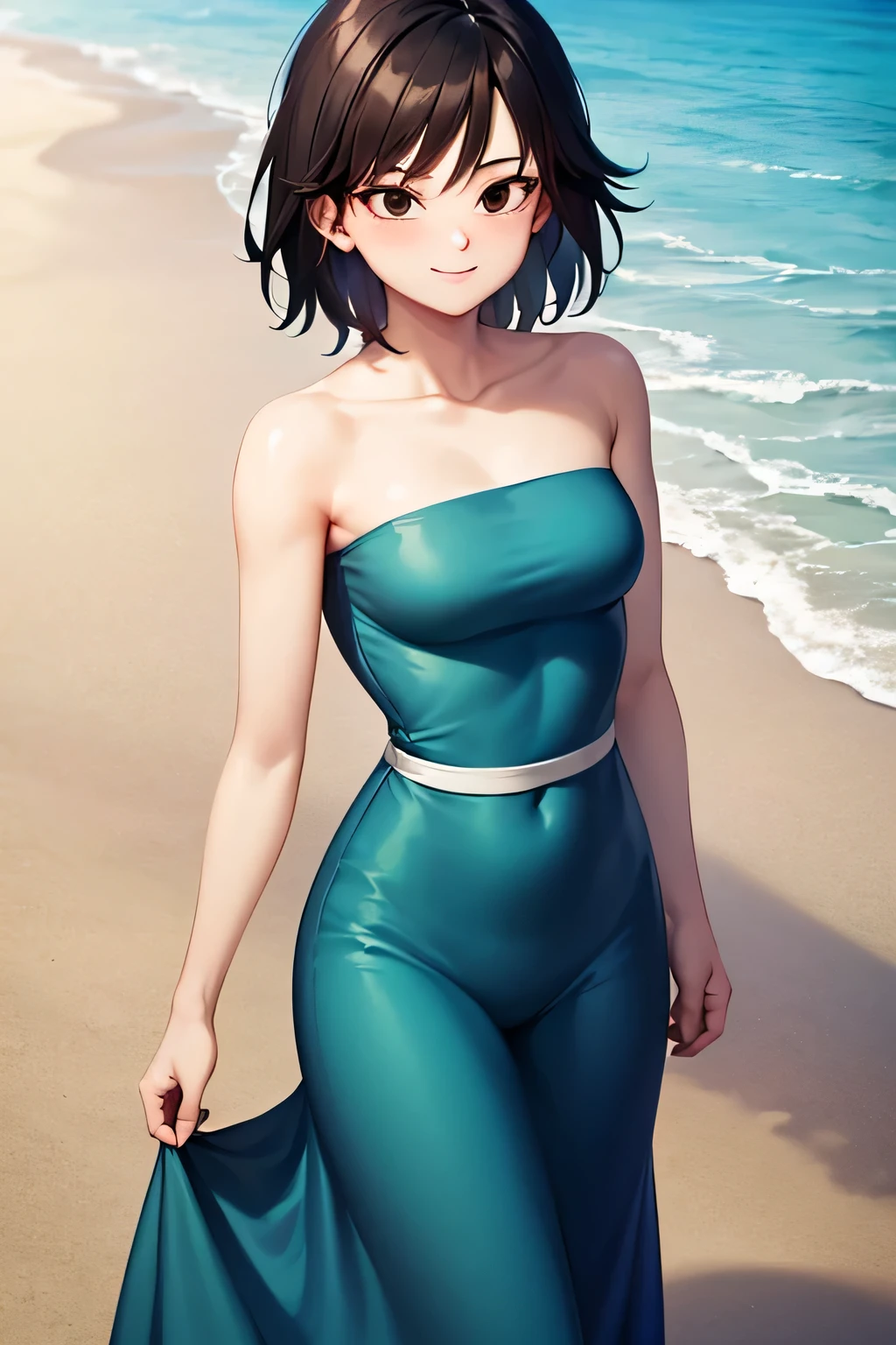 anime screencap, masterpiece, best quality, highres, outdoors, small breasts, gine, spiky black hair, 1 girl, Solo, Black Eyes, Good hands are down, Smile, Blushing, Bare Neck, Bare Shoulders, strapless, White Ruffle Off-the-Shoulder maxi dress. Cowboy shot. A landscape of the beach, sea, blue skies, sand beach. In the center. Walking on the beach with bare feets. Far from the bottom, looking at viewers