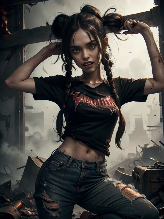 A haunting portrait of a young woman, jeans, t-shirt, with a face that reflects the horrors of the undead, zombie, empty eyes, bloodstains, ((vampire teeth)), dead eyes, evil eyes, showing of her sharp teeth, Focus on realism and intricate details to capture the unsettling nature of her appearance. Depict her lifeless eyes, decaying skin, and disheveled cheerleader uniform in vivid and precise detail, using shading and textures to bring the image to life. Long dark hair in pigtails, sexy pose