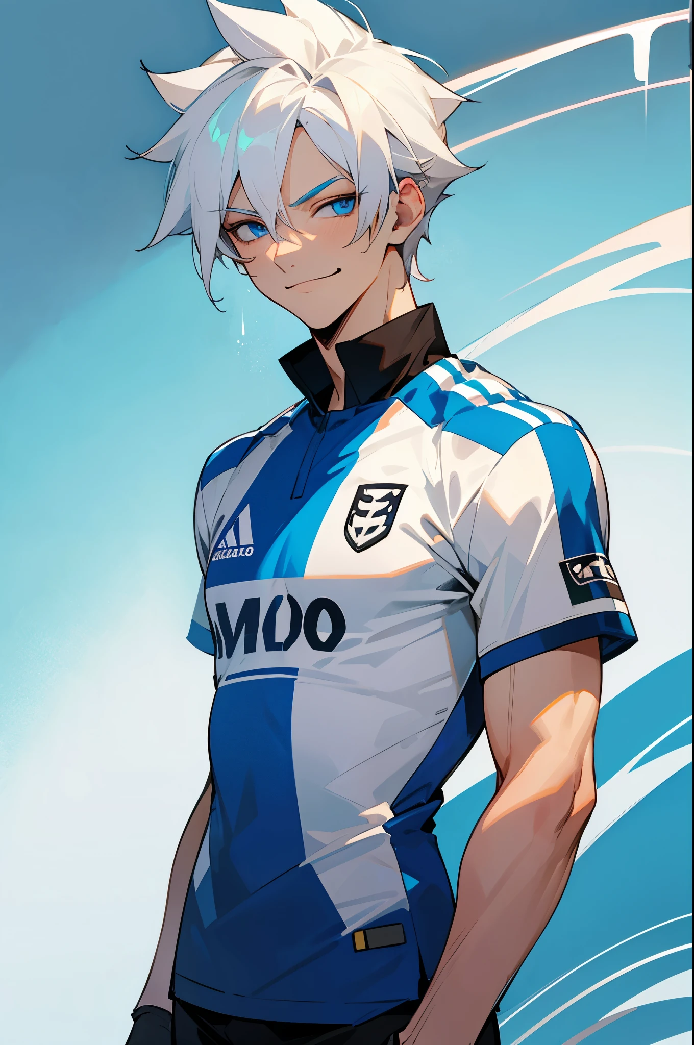 soccer jersey, two toned hair, young male, soccer field background, blue eyes, white jersey, white hair, muscular, smirking face, arms on sides,
