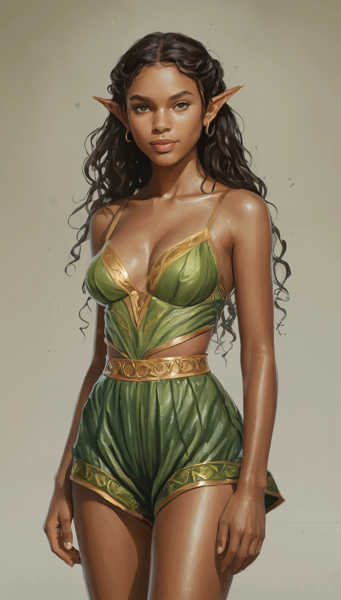 An illustrated movie poster, hand-drawn, full color, a teenage elven girl, resembles Taylorr Swift, wearing a cotton bralette and bloomer shorts, brown skin, sun-tanned olive complexion, Amazonian body, very tall, athletic, hourglass figure, curvy, generous hips, long legs, ridiculously thick powerful thighs, citrine-gold eyes, glowing irises, long pointy elf ears, brown-black hair, long loose waves, posing in a sunshower, wet glistening skin, hard shadows, graphite shading, stencil marks, airbrushed acrylic paint, masterpiece, in the style of Lord of the Rings 