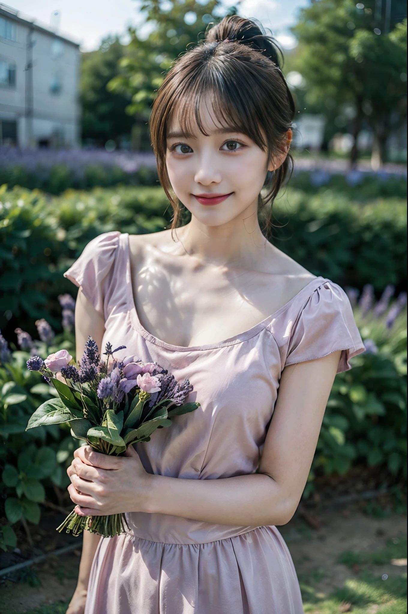 ((masterpiece,best quaLightingy 1.4)), (8k,RAW Photos:1.2), (Realistic,photo Realistic:1.4), Ultra-high resolution , (Highly detailed 8K wallpapers) ,Japanese Idols, Japanese actress, Japanese, very cute, Big eyes, Highly detailed eyes and face, Beautiful eyes in every detail,Shiny skin,Portraiture,(ponytail :1.2),(smile:1.3) ,(Holding a bouquet:1.2),Lighting, Sharp focus, Written boundary depth , (Dynamic Angle:1.4 ). Blur the background, Bokeh, (Pink Dress:1.2) ,( Lavender field in daytime.)