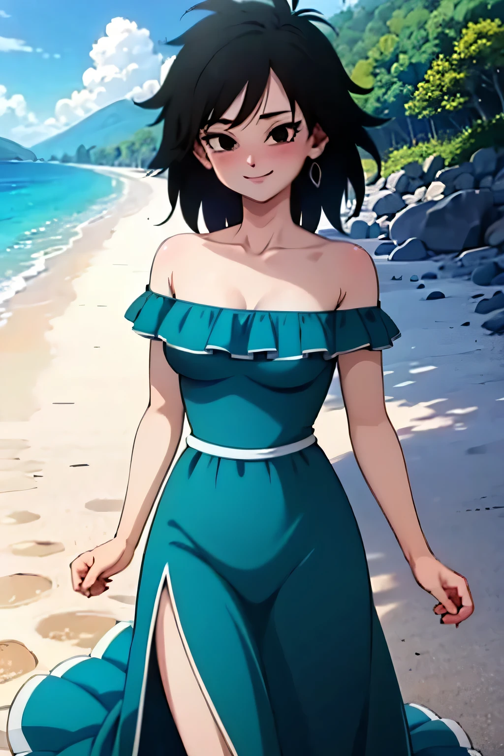 anime screencap, masterpiece, best quality, highres, outdoors, small breasts, gine, spiky black hair, 1 girl, Solo, Black Eyes, Good hands are down, Smile, Blushing, Bare Neck, Bare Shoulders, strapless, White Ruffle Off-the-Shoulder maxi dress. Cowboy shot. A landscape of the beach, sea, blue skies, sand beach. In the center. Walking on the beach with bare feets. Far from the bottom, looking at viewers