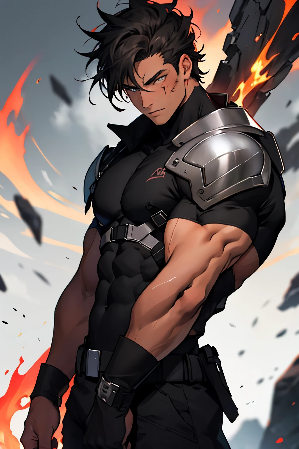 Hombre, muscular, cabello negro, ojos rojos, cicatrices en la cara y en el cuerpo, bronceado, armadura color negro, fuego al rededor 