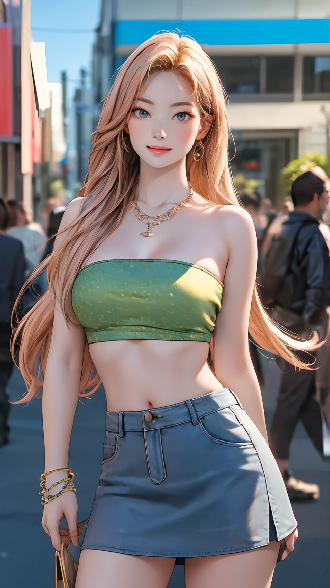 (best quality,4k,8k,highres,masterpiece:1.2),ultra-detailed,(realistic,photorealistic,photo-realistic:1.37), perfect body, nice breasts, printed tube top, miniskirt, shopping complex, necklace, bracelets