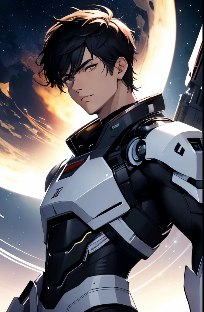 Handsome The face is a Japanese 22-year-old male Short, cropped black hair Cyborg Warrior White body LED light glow Full-length image from a zoomed-out screen The background is outer space Round Earth below