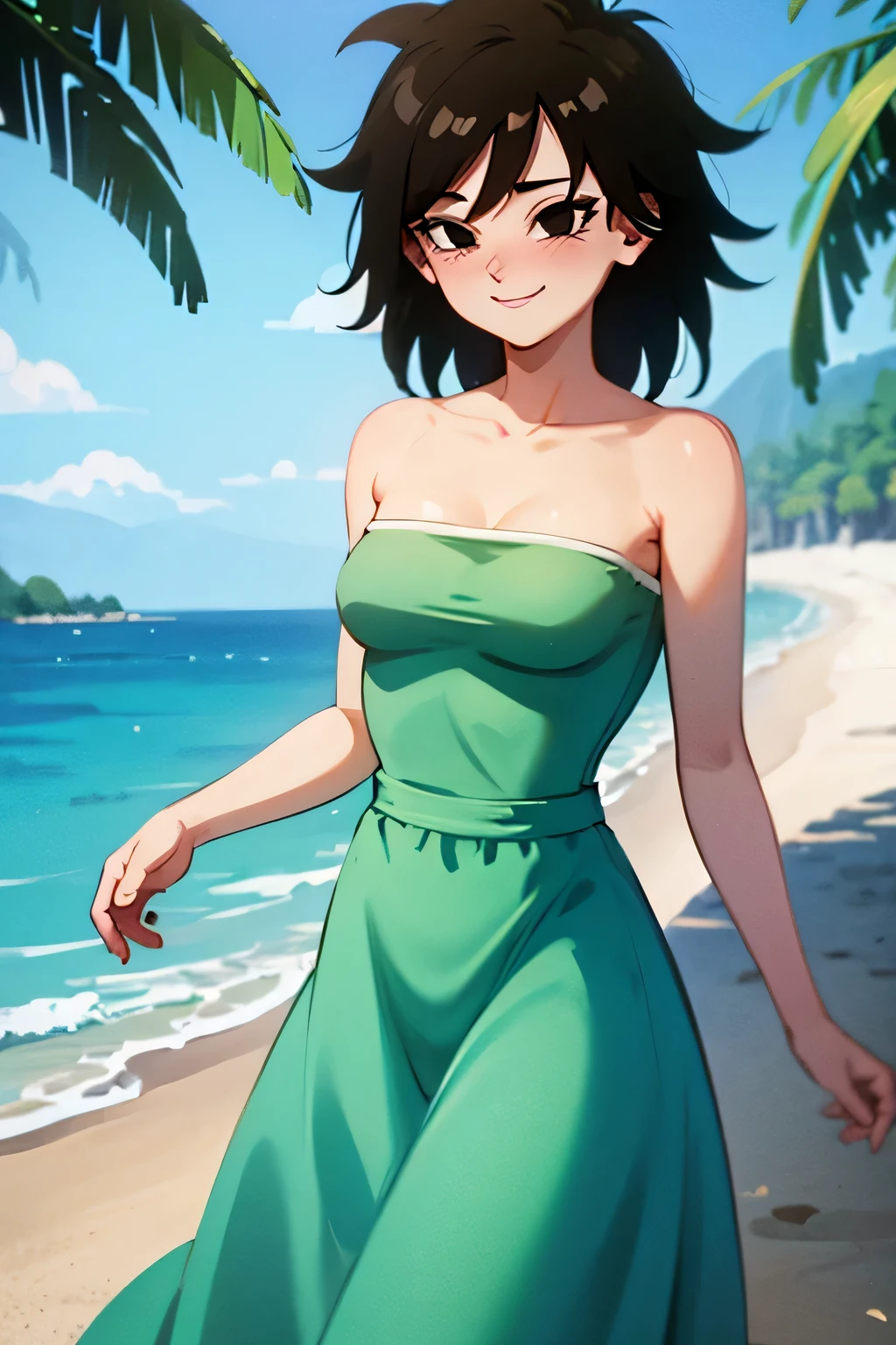 anime screencap, masterpiece, best quality, highres, outdoors, small breasts, gine, spiky black hair, 1 girl, Solo, Black Eyes, Good hands are down, Smile, Blushing, Bare Neck, Bare Shoulders, strapless, White Ruffle Off-the-Shoulder maxi dress. Cowboy shot. A landscape of the beach, sea, blue skies, sand beach. In the center. Walking on the beach with bare feets. Far from the bottom, looking at viewers