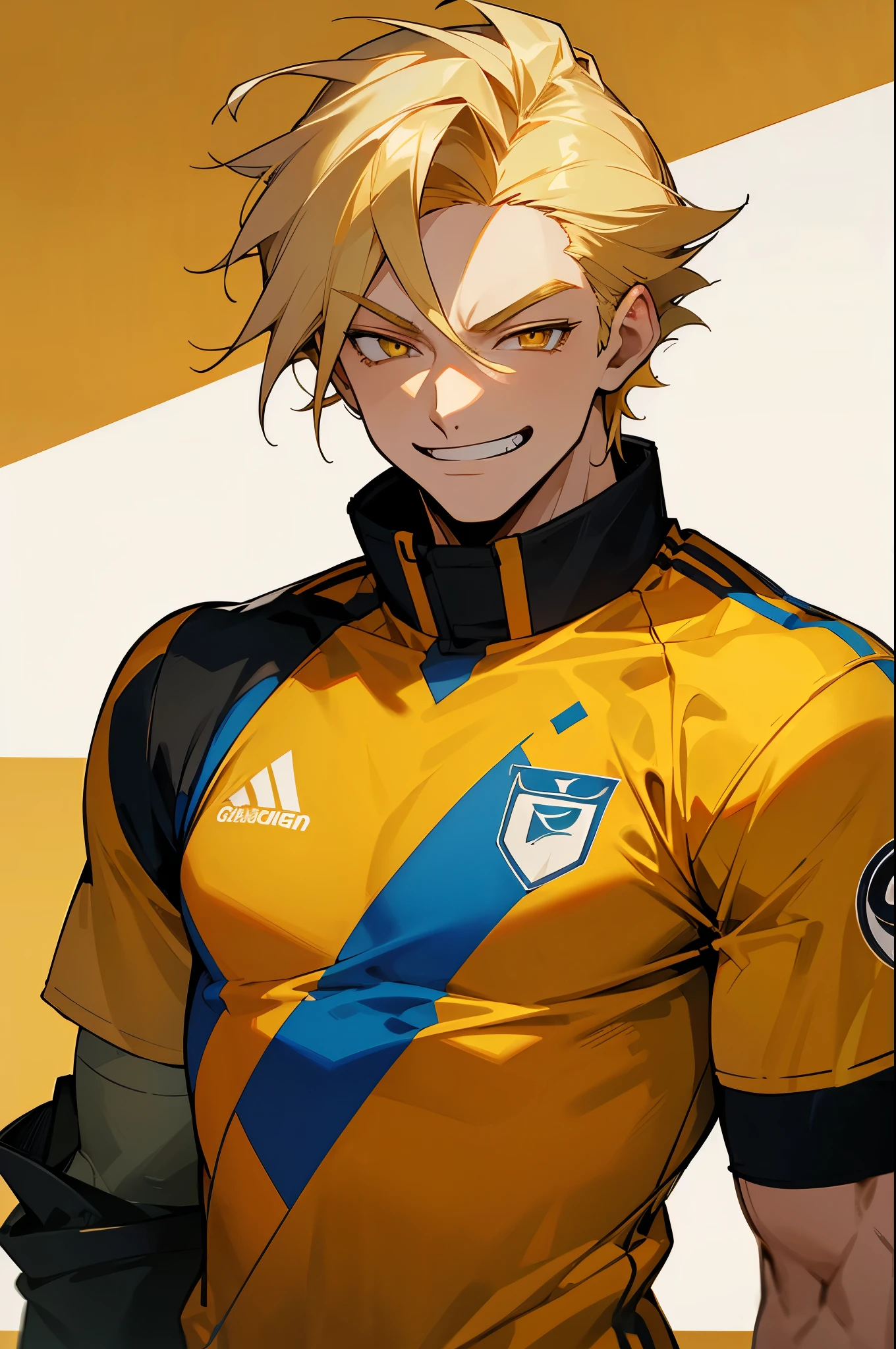 soccer jersey, two toned hair, young male, soccer field background, golden eyes, random color jersey, golden hair, muscular, smirking face,