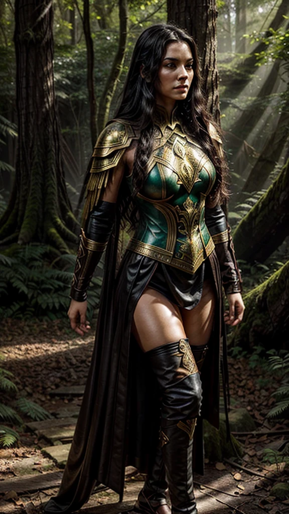 In the midst of an emerald forest, bathed in the golden light of the setting sun, an imposing figure appears: the Guardian of the Forest. Her long black hair, like wild waterfalls, falls in waves down her back, framed by a face of singular beauty. His green eyes, like sparkling emeralds, overflow with wisdom and ancient strength.
Clad in leather armor adorned with mystical runes, the Guardian exudes an aura of power and protection. His movements are graceful and precise, revealing years of training and mastery in archery. In his hands, an elaborate bow, carved from fine wood and adorned with magical symbols, pulses with arcane energy.
All around you, the forest pulses with life. Majestic trees stand like sentinels, their intertwined branches forming a verdant canopy. Vibrantly colored wildflowers dot the ground, while magical creatures lurk among the ferns. The scene is a portrait of pure natural beauty, a paradise untouched by the hand of man.