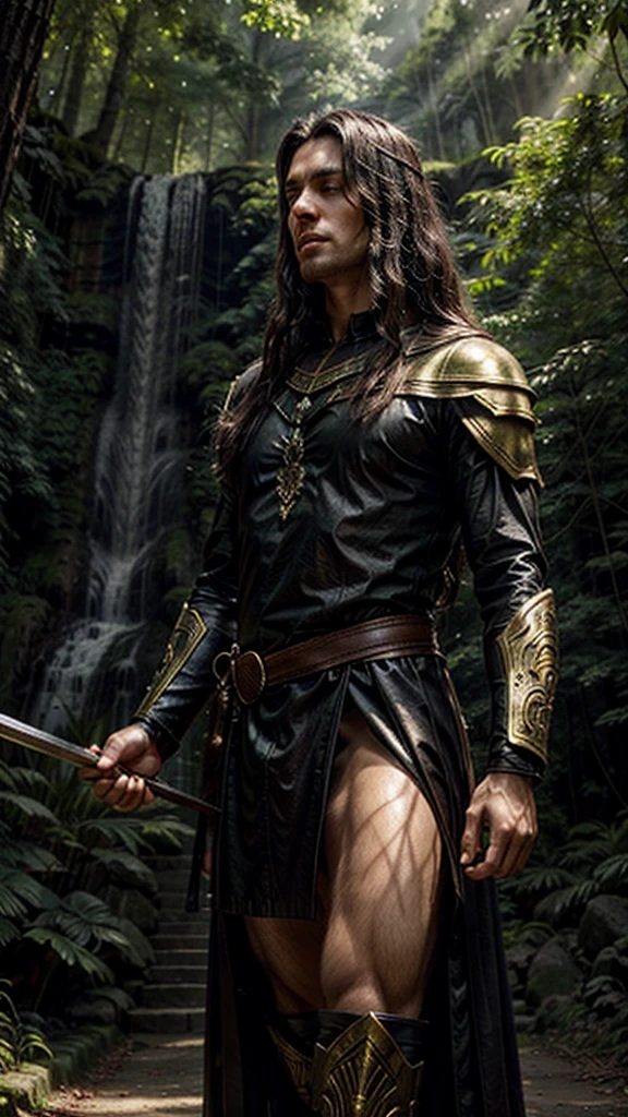 In the midst of an emerald forest, bathed in the golden light of the setting sun, an imposing figure appears: the Guardian of the Forest. Her long black hair, like wild waterfalls, falls in waves down her back, framed by a face of singular beauty. His green eyes, like sparkling emeralds, overflow with wisdom and ancient strength.

Clad in leather armor adorned with mystical runes, the Guardian exudes an aura of power and protection. His movements are graceful and precise, revealing years of training and mastery in archery. In his hands, an elaborate bow, carved from fine wood and adorned with magical symbols, pulses with arcane energy.

All around you, the forest pulses with life. Majestic trees stand like sentinels, their intertwined branches forming a verdant canopy. Vibrantly colored wildflowers dot the ground, while magical creatures lurk among the ferns. The scene is a portrait of pure natural beauty, a paradise untouched by the hand of man.