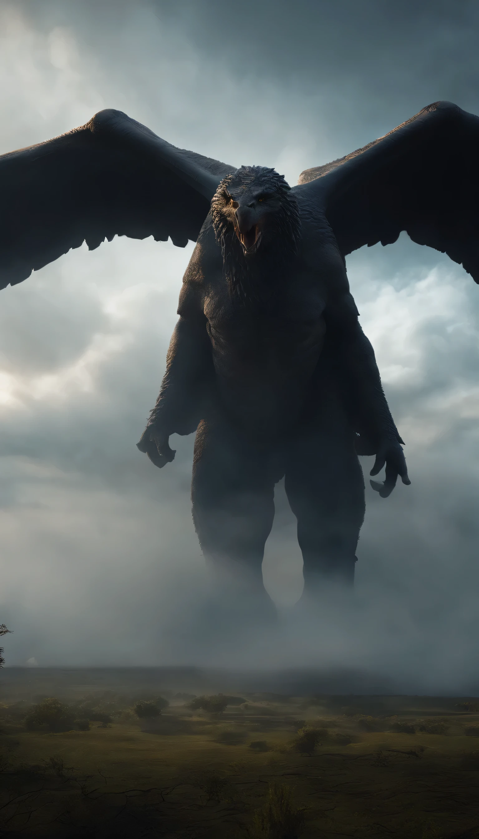 Gigantic creature with wings flying a plain in the distance, nevoeiro, neblina, nuvens escuras, sombrio ,supense, monstro, Sobrenatural, octan render, fotorrealista, hiper realismo, altamente detalhado, alta qualidade, intrinsecamente detalhado,Volumetric lighting, personagem completo, 4k, ,disco Rigido ,Full HD, 8k, RTX, high resolution, sombras detalhadas, incrivelmente detalhado, perfeito, Dramatic scale. No human.