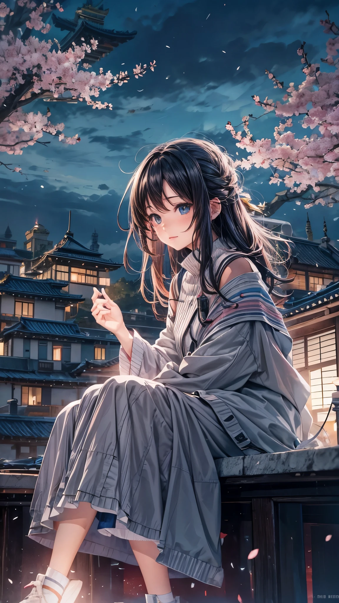 octane, Sky, landscape, night, 1 Girl, Solitary, outdoor, architecture, cloud, sitting, Sakura Tree, Wind, cherry blossoms flying, Long hair, City, Cityscape, sparkle, best quality, 8k, masterpiece, award winning