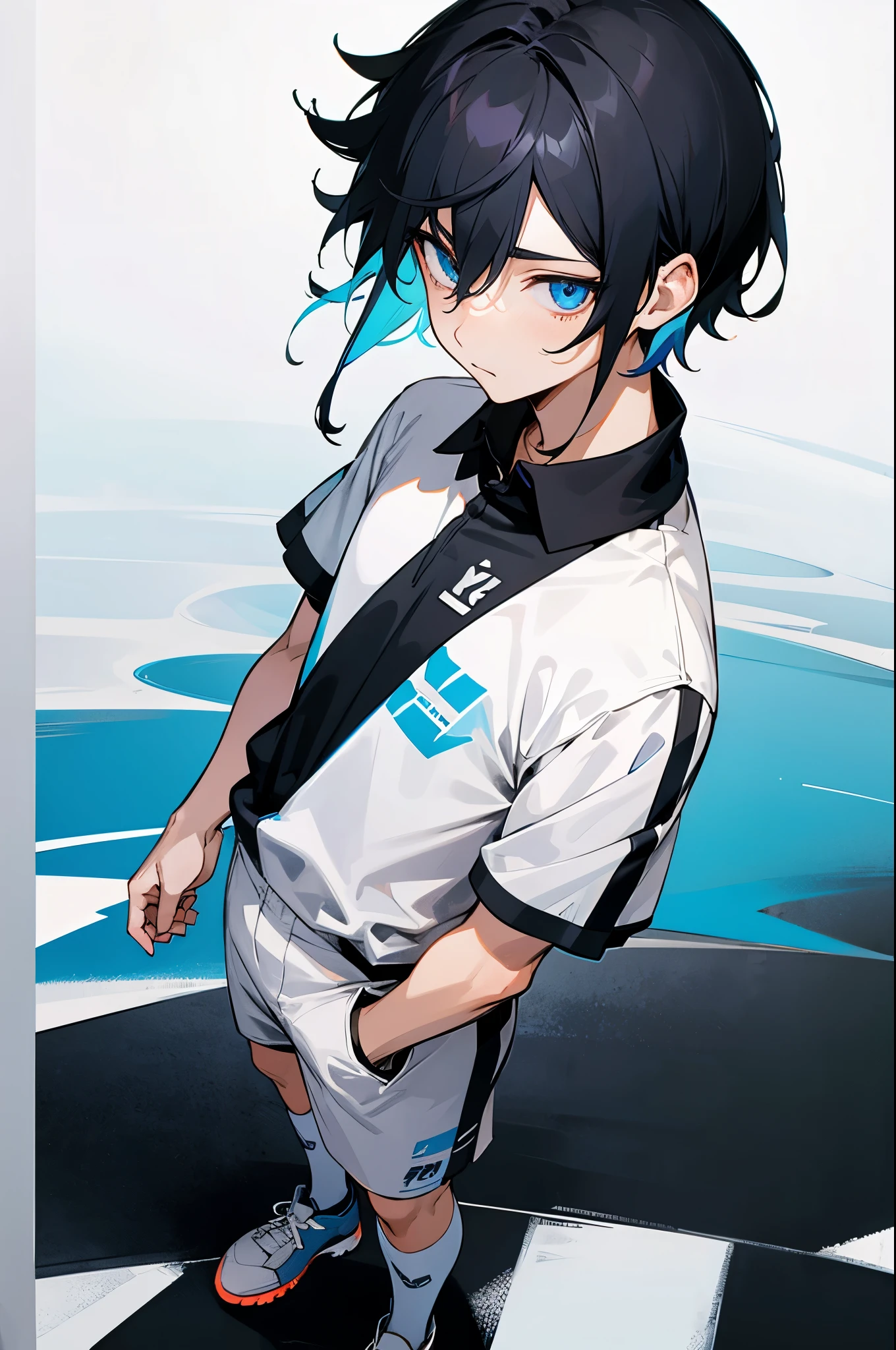 1male, split colored hair, two tone hair, black hair, white hair, short hair, blue eyes, soccer jersey, soccer field background, detailed background, standing on path, expressionless
