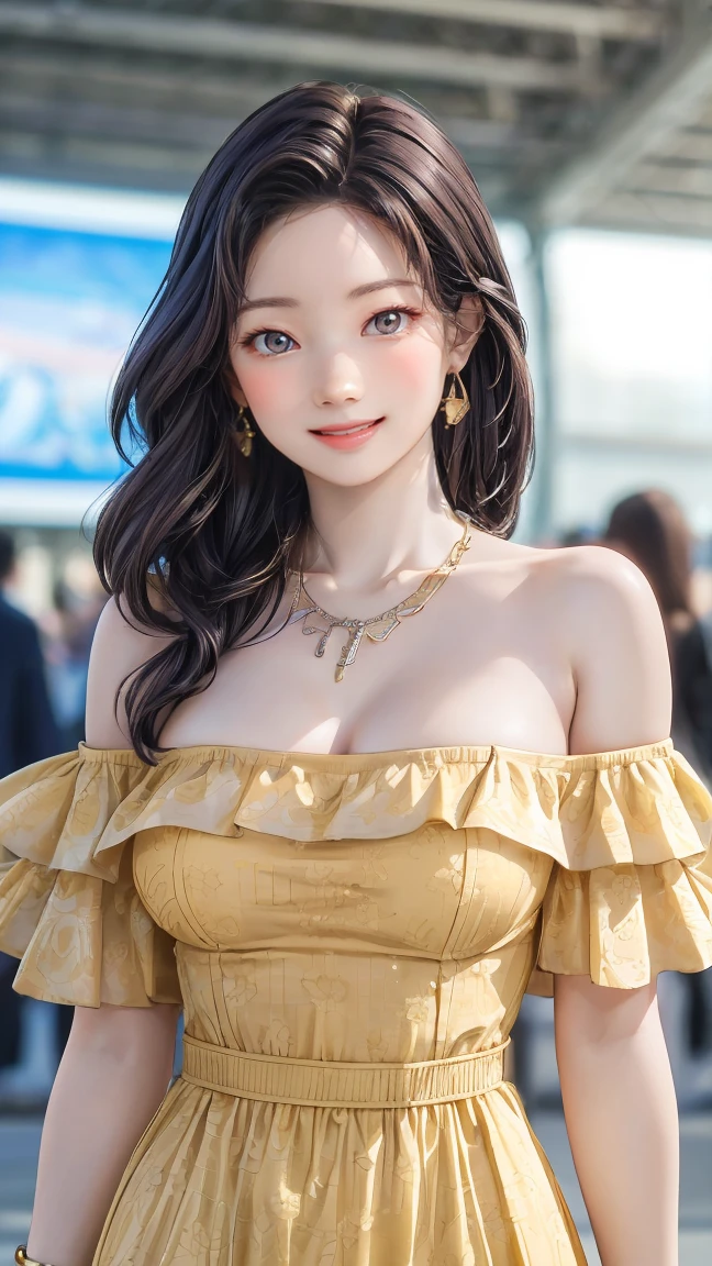 (best quality,4k,8k,highres,masterpiece:1.2),ultra-detailed,(realistic,photorealistic,photo-realistic:1.37), perfect body, nice breasts, printed off-shoulder minidress, airport interior, necklace, bracelets