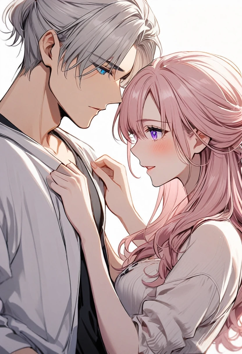 couple, 1 Girl 1 strong Boy, different hair color, Long blonde pink hair and purple eyes , medium silver hair and blue eyes, Romance