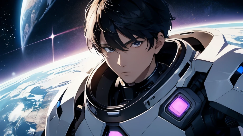 Handsome The face is a Japanese 22-year-old male Short, cropped black hair Cyborg Warrior White body LED light glow White robot body The background is outer space Round Earth below
