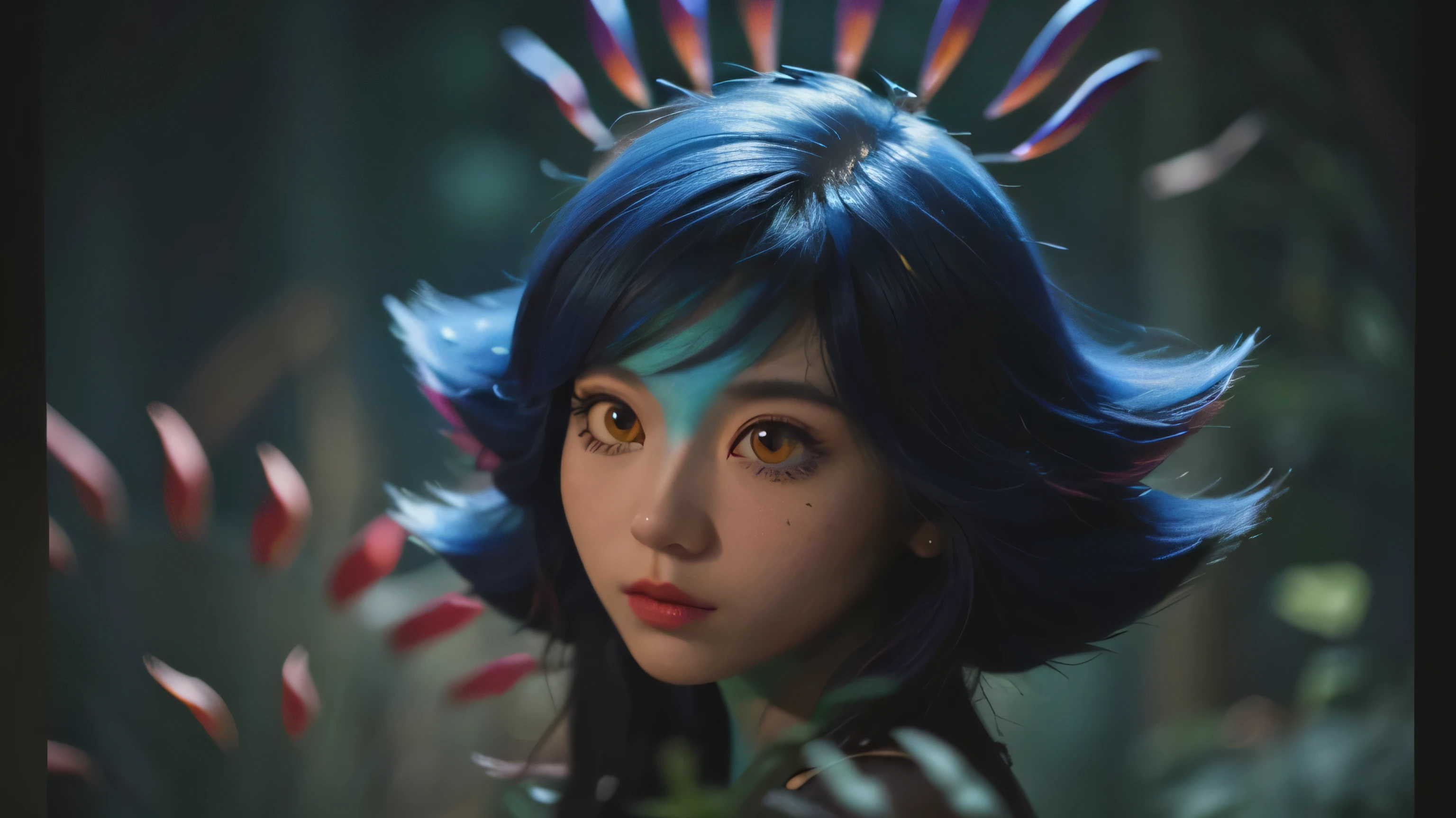1girl, black background, face focus, close-up, beautiful, amazing hair, detailed hair, colorful, realistic, neeko, dramatic light, hyperrealism, extremely detailed
