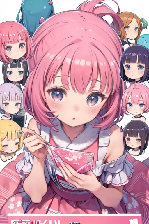 Momoko Sakura style, Kawaii Design, (((10 people)))、most beautiful girl ever、Little, Colorful bob hair、((Lots of friends))、Bathing together、Completely visible