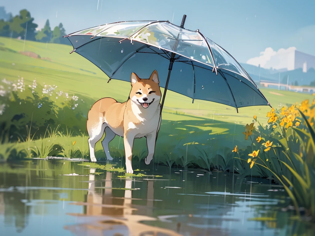 (masterpiece), (best quality), (very aesthetic), (ultra-detailed), (best illustration), realistic, A Shiba Inu, skirt, full body, walking, rainy, countryside, summer,