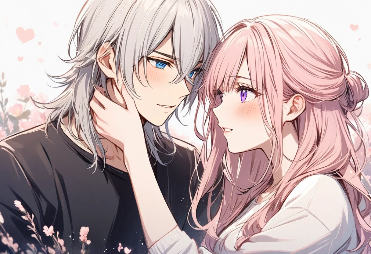 couple, 1 Girl 1 strong Boy, different hair color, Long blonde pink hair and purple eyes , medium silver hair and blue eyes, Romance
