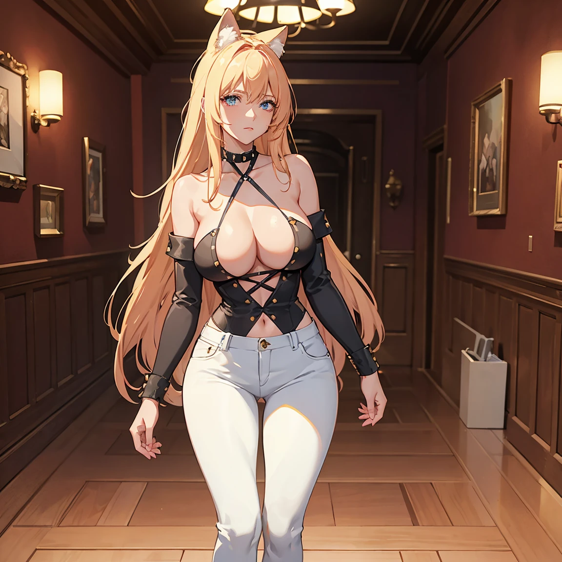 8k, highest quality, masterpiece: 1.2), ultra detail, highest quality, ultra high resolution, professional lighting, photon mapping, radiosity, physically based rendering, cinematic lighting, depth of field, focusing, sun rays, good composition, slender blonde woman entered the room. Wearing a white tied up halter top with a pop collar that stopped just below her breast, leaving her flawless flat stomach exposed. The top leaving a generous amount of her cleavage exposed. A pair of white, skin tight denim pants with a burgundy colored studded belt, and a pair black heeled boots. A black choker with a fox embroidered in the center wrapped firmly around her neck.