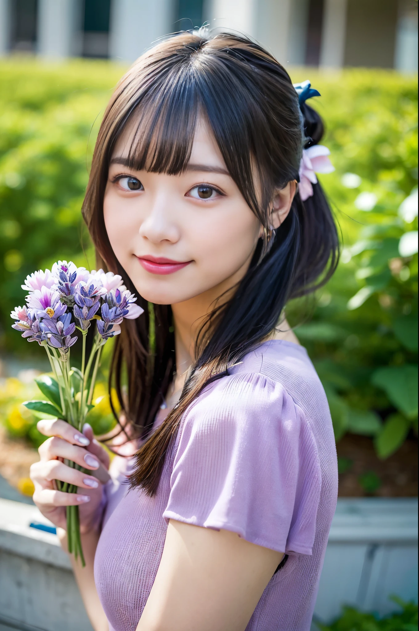 ((masterpiece,best quaLightingy 1.4)), (8k,RAW Photos:1.2), (Realistic,photo Realistic:1.4), Ultra-high resolution , (Highly detailed 8K wallpapers) ,Japanese Idols, Japanese actress, Japanese, very cute, Big eyes, Highly detailed eyes and face, Beautiful eyes in every detail,Shiny skin,Portraiture,(ponytail :1.2),(smile:1.3) ,(Holding a bouquet:1.2),Lighting, Sharp focus, Written boundary depth , (Dynamic Angle:1.4 ). Blur the background, Bokeh, (Pink Dress:1.2) ,( Lavender field in daytime.)