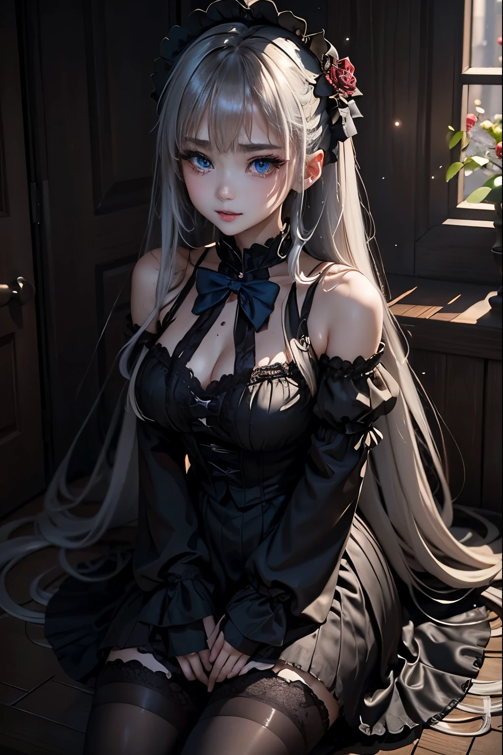 ハードDark Gothicメイク、Deep Night Sky、Horror、Black dark eyeshadow、cry、sad、Good skin radiance、Dark Gothicメイク、Dark smile、palace、The beauty of fragrance、24-years-old、Expressions of intense sexual pleasure、Embarrassed look、Dark Gothic、Obscene language、highest quality、Expression of sexual pleasure amid suffering、Drunk face、紫のMaid clothes、Mysterious、Noble、The face of someone who is holding in the toilet、sexy、Loving smile、Twin tail hair、Right blue eye, Left eye is red、Super seductive pose、Platform Heel Shoes、Heavy makeup、Gothic ta Clothing、A little slimmer、Silver Hair、Long Hair Straight Hair、Cute Gothic Loliress、Beautiful Face、elegant features、Fascinating face、Stained glassが背景、Chest glistening with sweat、The room is dark、goth long dress、Bell Sleeves、Wizard Sleeve、Decadent look、Sexually excited expression、Glossy thighs wet with water、Thighs that are wet and shiny with oil、Background of a room full of roses、sad表情、Rose Maiden、The embroidery is pink、The dress has pink embroidery、Thigh-high socks、Knee-high socks、Gentle expression、Dark black eyeshadow、despicable act、Stained glassと薔薇背景、thighs are a little thin、Female Duo、Female couple、dark church background、Stained glass、Black metal world、Dark Castle、Dark Room、Slender body、upright、walk、Are standing、gothic long dresaid clothes、Victorian dresses、Her thighs glisten with sweat、My body is wet and shiny、Lots of glitter on the thighs、sweating、My thighs are sticky from sweating、Sweat glistens on the thighs, The whole body is sweaty and shiny、Quite sweaty、My thighs are sweaty、My thighs are so wet、My thighs are shining with sweat、A lot of sweat glistens all over the body、The thighs are the best、Thighs are glamorous、Small breasts、