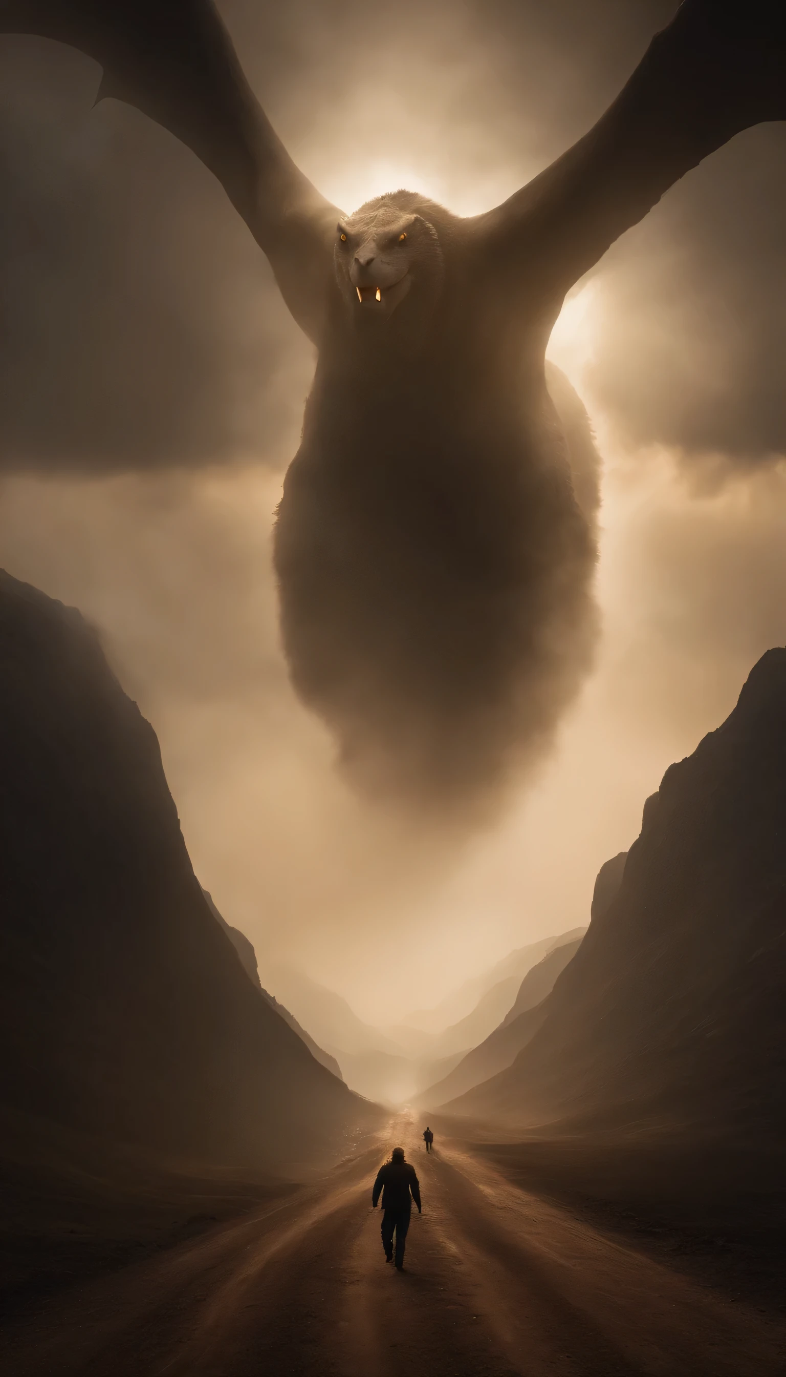 Gigantic creature running across a plain in the distance get stuck by light, nevoeiro, neblina, nuvens escuras, sombrio ,supense, monstro, Sobrenatural, octan render, Motor irreal, fotorrealista, hiper realismo, altamente detalhado, alta qualidade, intrinsecamente detalhado,Volumetric lighting, personagem completo, 4k, ,disco Rigido ,Full HD, 8k, RTX, high resolution, sombras detalhadas, incrivelmente detalhado, perfeito, Dramatic scale