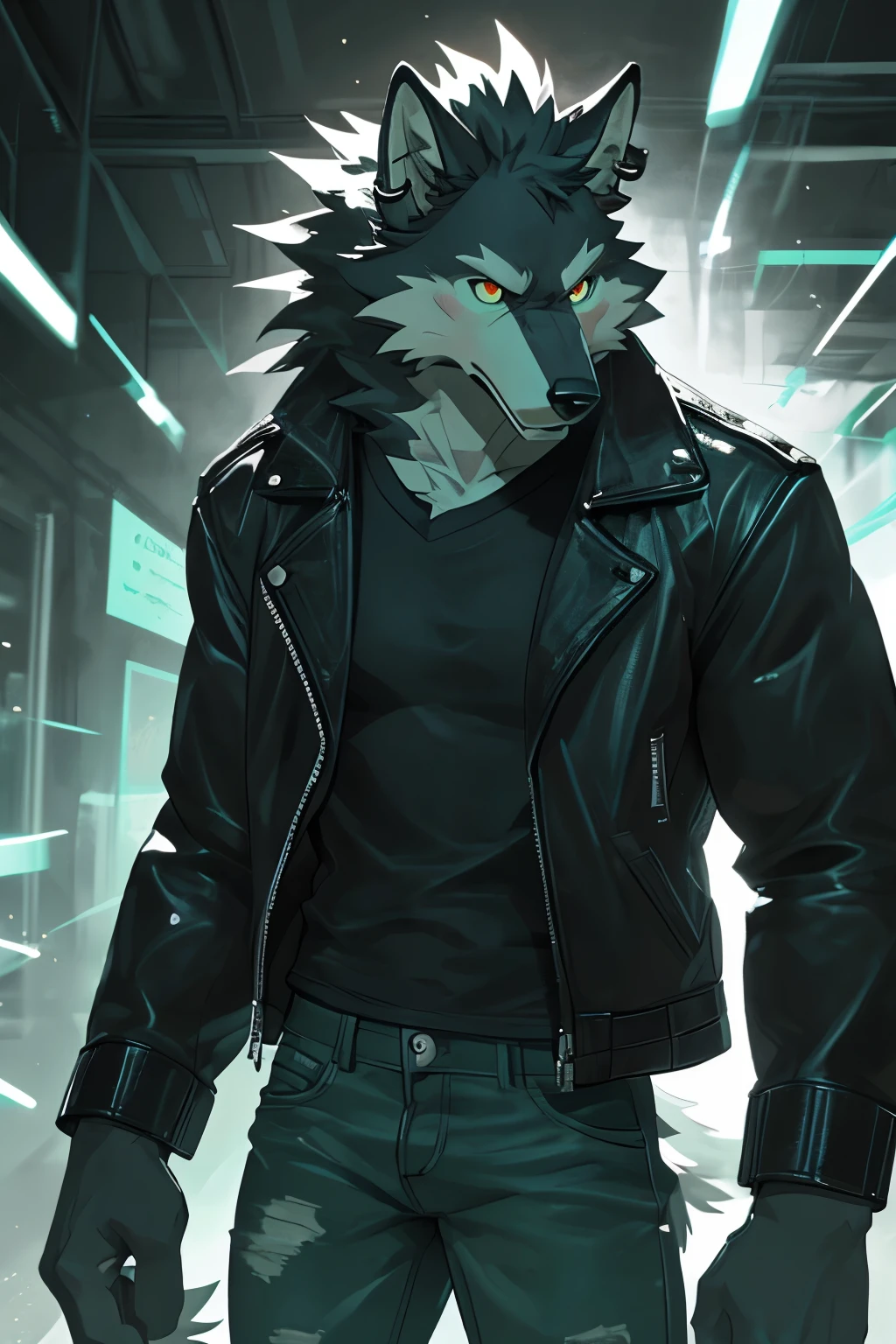 Wolf, tall, thin, athletic body, white and black fur, leather jacket, mint t-shirt, jeans, ear piercing, detailed fur, detailed eyes, dynamic pose
