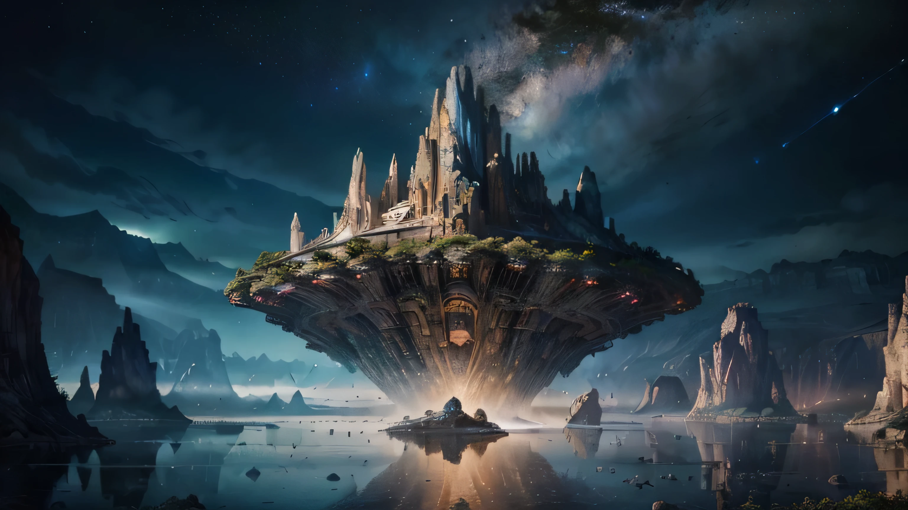 (best quality,4k,8k,highres,masterpiece:1.2),vivid colors,sci-fi,landscape,alien planet view,galaxies in the background,extraterrestrial scenery,giant mountains,unique rock formations,glowing plants,crystal-clear lakes,unusual creatures,ethereal atmosphere,star-filled sky,futuristic cityscape,hovering spacecraft,floating islands,otherworldly architecture,advanced technology,majestic structures,impressive scale,immersive environment,intense color palette,dramatic lighting,awe-inspiring panorama,grandiose vistas,cosmic wonders,limitless horizons,unexplored frontiers,discovery and adventure,tranquil yet mysterious,overwhelming beauty,utterly mesmerizing, breathtaking view
