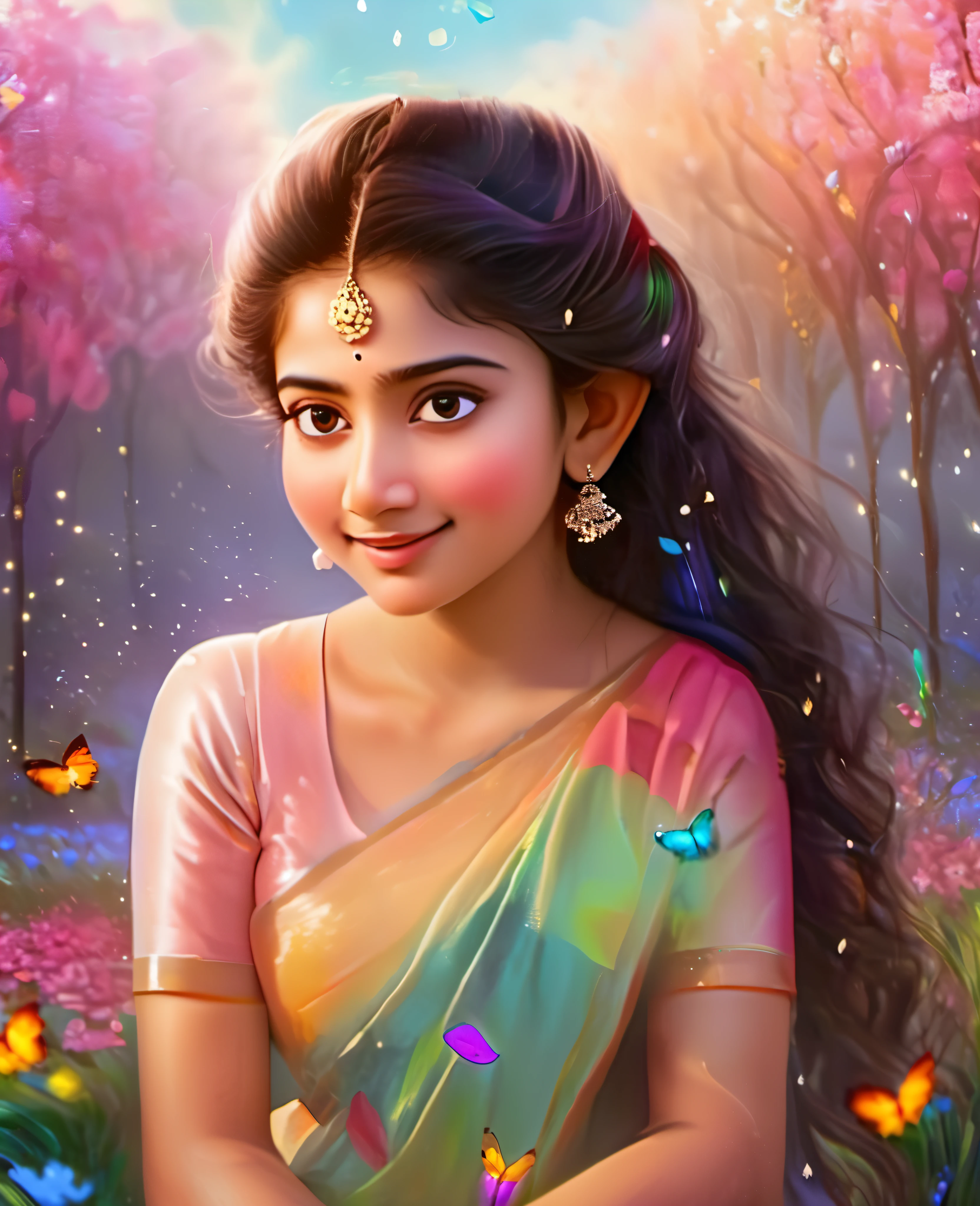 Looks like Sai Pallavi, 1girl, solo, full body, (masterpiece:1.21), (best quality:1.2), colorful, (illustration:1.2), (cinematic lighting:1.1), (bare shoulders:1.21), (collarbone:1.21)
In this whimsical and fantastical garden, the scene is illuminated by a rainbow of (colorful fireflies), dancing and fluttering in the air. The garden is decorated by a gentle (drizzle), creating a misty and ethereal atmosphere. In the center of the scene, there is a single girl, an extremely delicate and beautiful girl, with cute features and an innocent expression. Her long hair is flowing with the wind. She is wearing no shoulder straps dress, which is ultra low cut, highlighting her delicate curves.

The lighting is very delicate and beautiful, creating a soft and warm glow that highlights the water, making it sparkle like diamonds. The finest grass is also illuminated, creating a lush and verdant carpet. The garden is surrounded by colorful flower fields, with blooms of every color and shape. (Colorful butterflies), of every shade and size, can be seen fluttering around the scene, adding to the overall sense of wonder and magic. (look ai viewer),A blush can be seen on her nose, and her mouth is slightly open, adding to the overall sense of innocence and youthfulness. Falling petals can be seen floating around her, adding to the overall sense of romance and beauty. A gentle wind is blowing through the scene, making the leaves rustle and the flowers sway, adding to the overall sense of movement and life. This is a scene of pure wonder and magic, filled with color and beauty, where the viewer can lose themselves in the enchanting and captivating world.