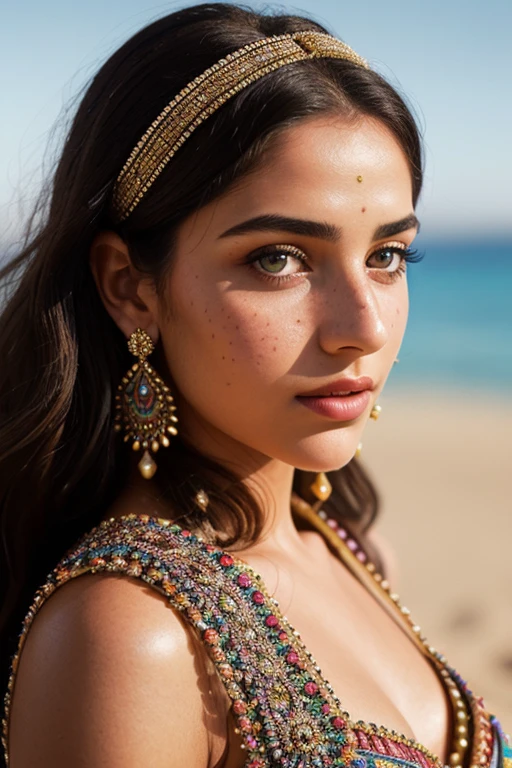 of bohemian charm to her elegant attire. Her clothing was a vibrant mix of traditional Middle Eastern garments and modern western elements, blending the old and the new seamlessly. The intricate details of her outfit shimmered in the sunlight, with the rich colors popping against the soft sand background. The shallow depth of field created a dreamlike effect, focusing on her radiant face and drawing the viewer deeper into the image.
(highest quality, masterpiece: 1.1), (cinematic: 1.4), Heart-shaped face, Middle Eastern beauty, Greek nose, sharp hazel eyes, thin eyebrows, full caramel-colored eyes, freckles: