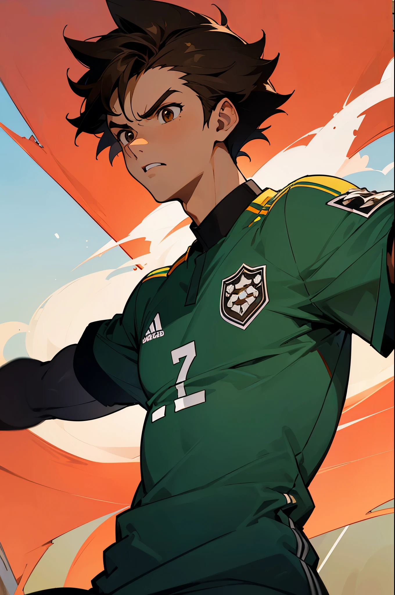 1male, young , finely detailed brown eyes, soccer jersey, serious expression, soccer field background, muscular, tokyo, serious,