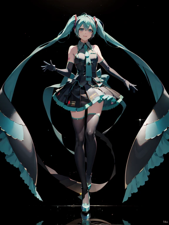 1 chica, sonrisa, (Vocaloid), ((Hatsune Miku)), ((Cabello azul azul verdoso)), (pelo largo), mirando al espectador, volume lighting, dynamic pose,realista