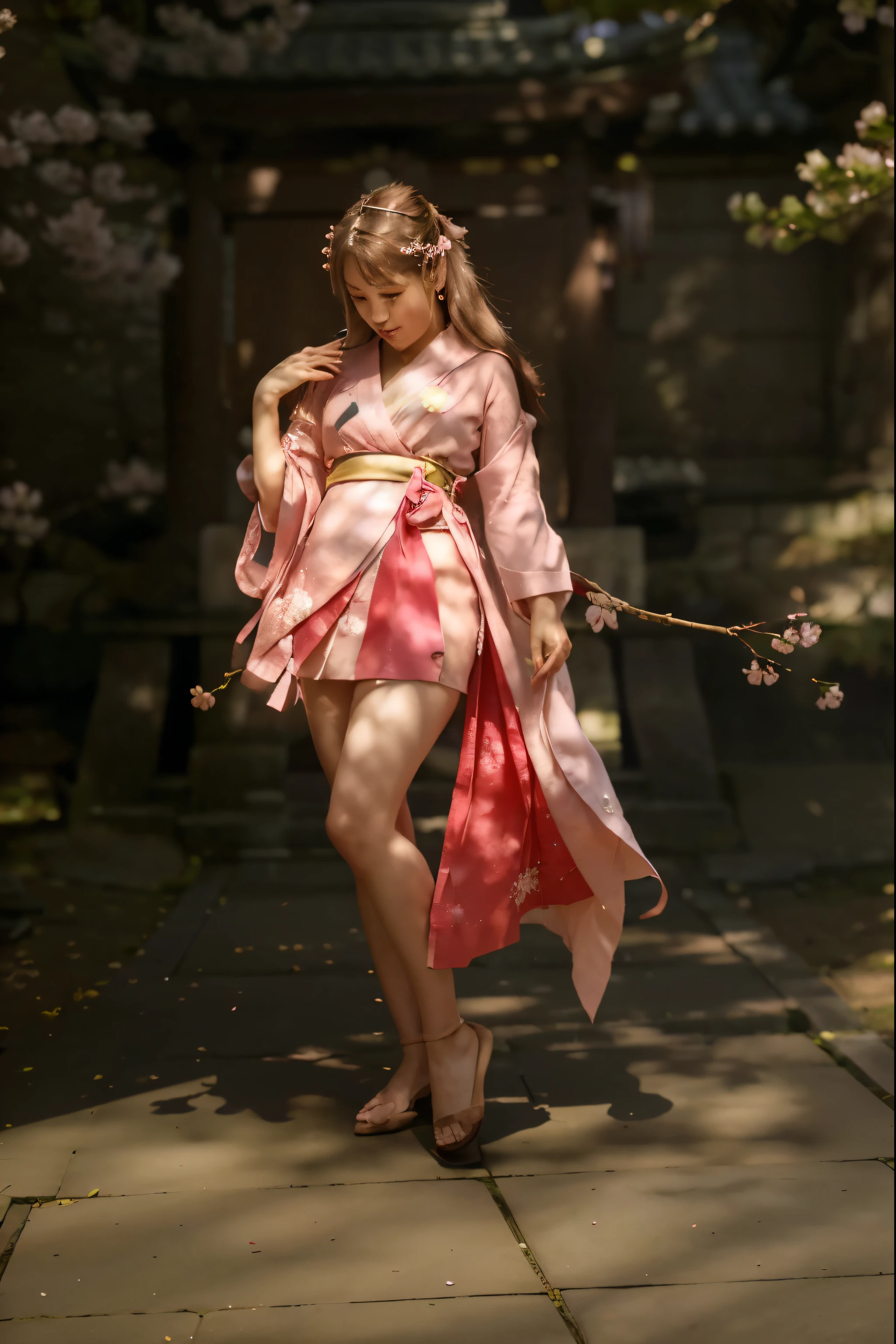 (Best quality, 8k, 32k, Masterpiece, UHD:1.2) Transform the setting into the majestic Grand Narukami Shrine from Genshin Impact, surrounded by a sea of Sakura Trees in full bloom. Picture the ethereal pink petals drifting gently on the breeze, creating a breathtaking canopy above the shrine's ancient architecture. The air is filled with the sweet fragrance of cherry blossoms, while the soft sunlight filters through the delicate branches, casting a warm glow over the serene surroundings. As you stand before the shrine, you can't help but feel a sense of reverence and awe at the beauty of nature and the tranquility of this sacred place. ((Japense Shrine)) ((Cherry Blossom))