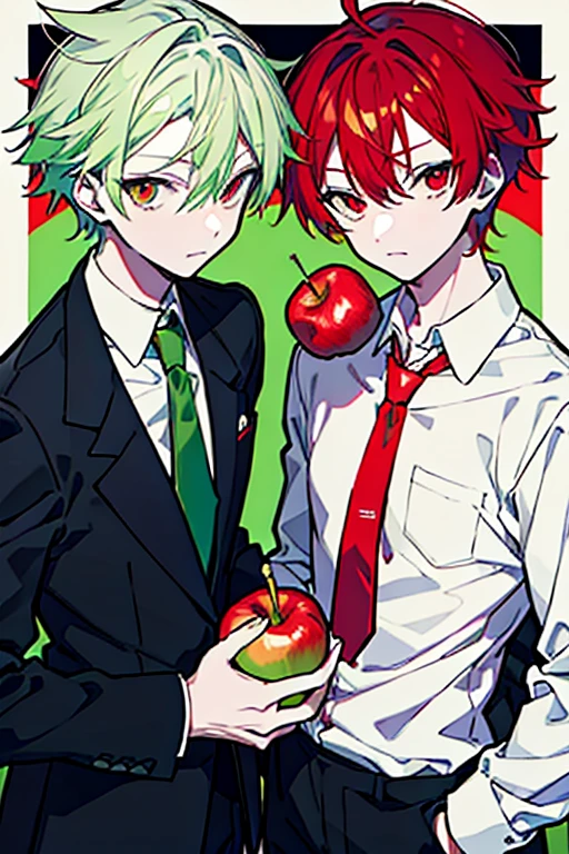a couple of two female anime holding apples in front of them with green haired person holding apples in front of male, also anime, in one hand (split into two side, red and green), apple, food, fruit, 2boys, multiple boys, necktie, long green hair, red eyes, shirt, short white hair, light brown eyes, holding food, white shirt, holding, holding fruit, red eyes, male focus, looking at viewer, collared shirt, black jacket, closed mouth, purple necktie, , jacket, long sleeves, hair between eyes, bangs, pants