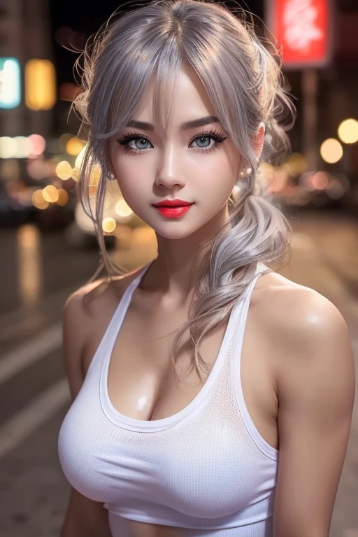 Urban beautiful girl college student, masterpiece, light makeup, red lips, silver hair, messy long hair, street background, beautiful, elegant. super fine details, master works, authentic texture, cinematic lighting realism, perfect job, 16K, hd, exquisite features,blue eyes、japanese idol、Beautiful Face、cute smile、brown hair、beautiful hair、ponytail、glamorous、perfect breasts、erect nipples、Oily muscle、shiny skin、white skin, glowing skin, bright big eyes, smooth skin, super sexy  tank top, thin tank top 