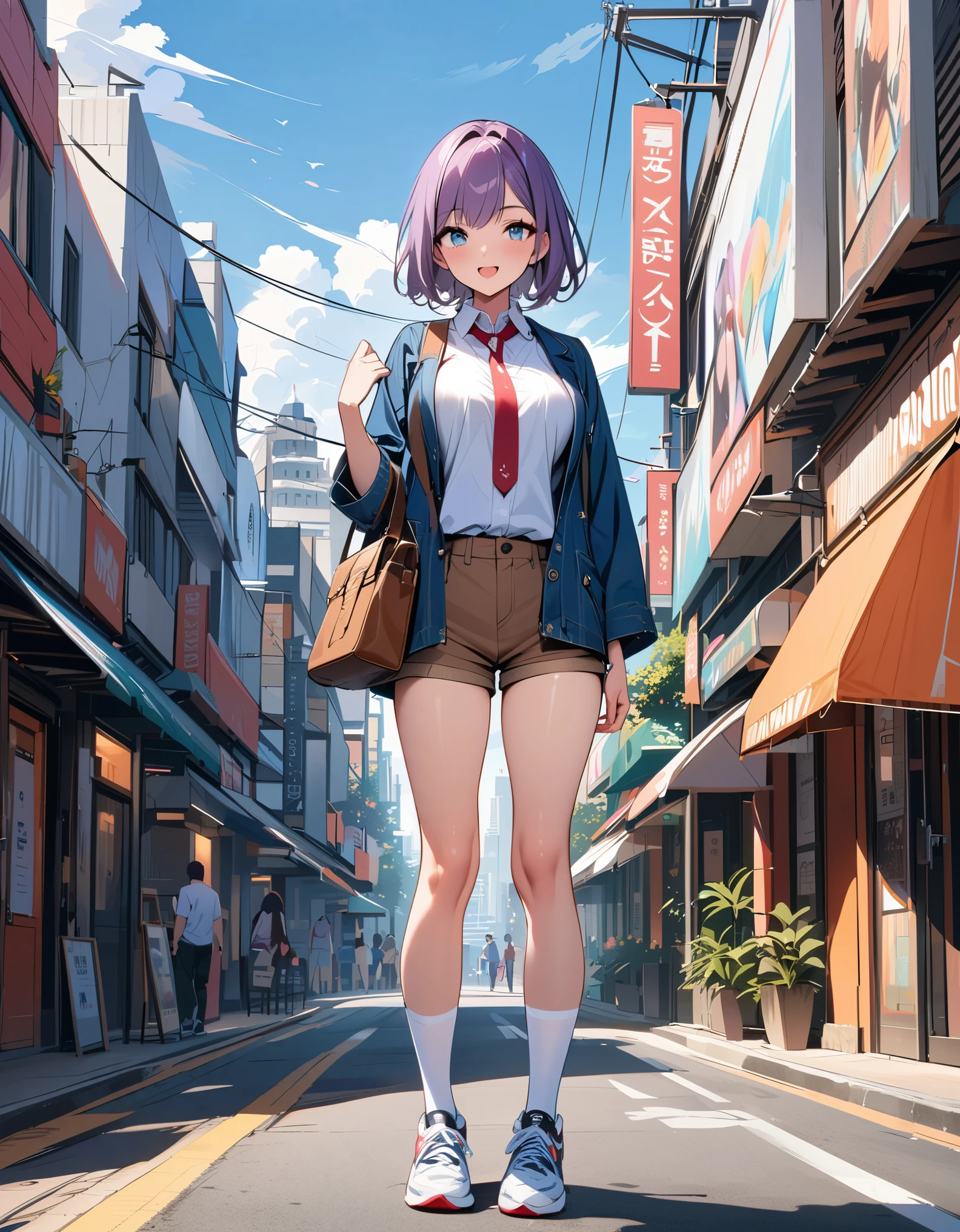 ((masterpiece)), ((best quality)), ((high res)), 1girl, bangs, blue eyes, perfect eyes, beautiful detailed eyes, beautiful detailed face, cute face, perfect legs, perfect arms, perfect hands, complete fingers, perfect anatomy, perfect proportions, medium breasts, brown shorts, miami city backdrop, collared shirt, jacket, looking at viewer, necktie, open clothes, outdoors, purple hair, shirt, shoes, short hair, short shorts, short sleeves, shorts, smile, sneakers, casual, smile, single, solo,  solo focus, standing, thighhighs, white legwear, white shirt, full body with costume, :d