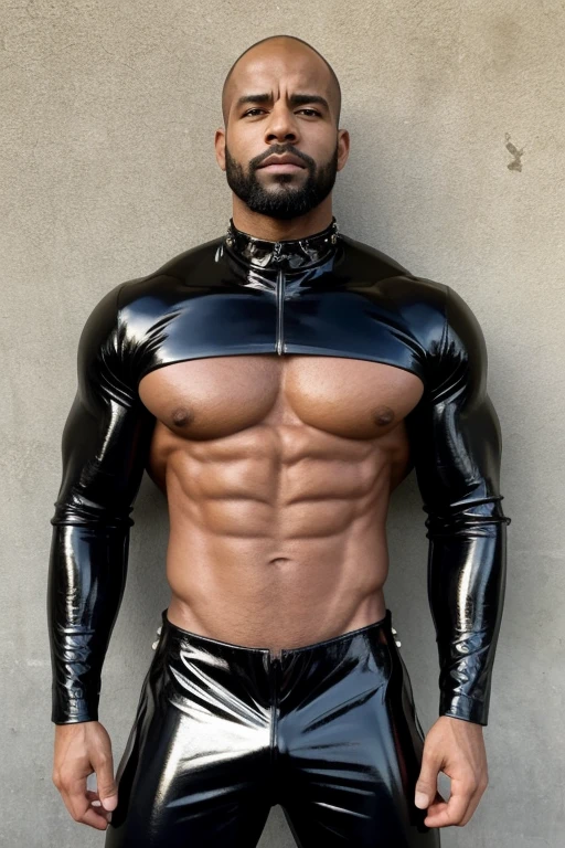 lindo fisiculturista negro, barba de cabra, Careca, huge muscles, detalhes intrincados, fundo detalhado, profundidade de campo, muscular, foto de um homem negro bonito, l4tex4rmor, wearing a shiny black leather jumpsuit with studs, couro brilhante, coleira de cachorro cravejada,
