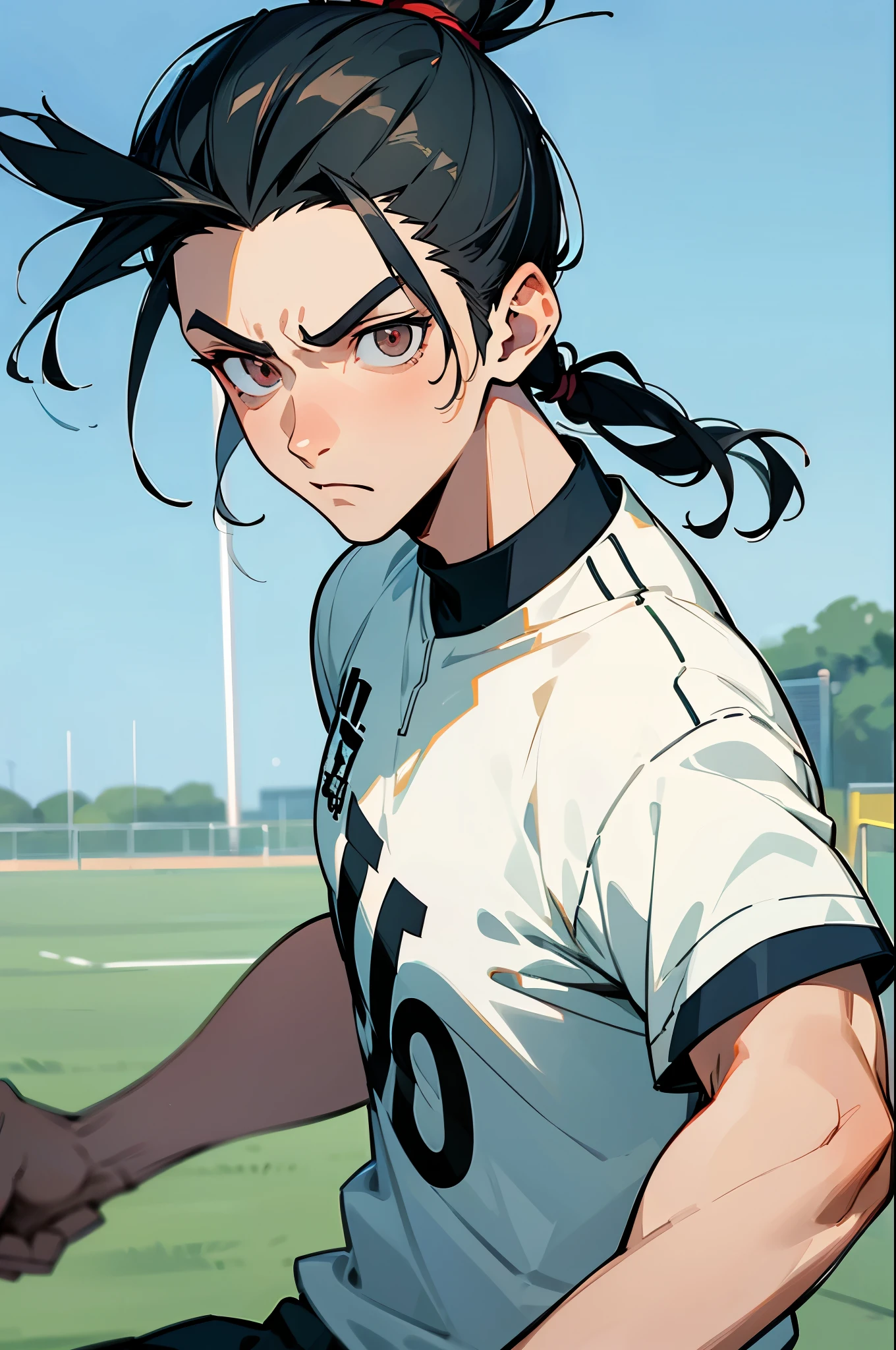 1male, young teen, finely detailed pure white eyes, soccer jersey, serious expression, soccer field background, muscular, tokyo, straight hair, man bun