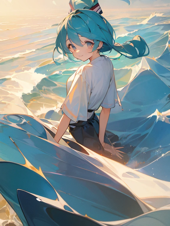 ((Obra maestra)),(mejor calidad),arte oficial,CG extremadamente detallado,fondo de pantalla de unidad 8k,ultra detallado,Un faro sobre un acantilado junto al mar.,1 chica,solo,tiro de vaquero,Hatsune Miku,mirando al espectador,camisa sin mangas,Camisa blanca,franja,sonrisa,muslos negros,pelo entre los ojos,dos colas,cabello muy largo,ojos aguamarina,pelo aguamarina,mangas separadas,mini falda,corbata aguamarina,botas hasta el muslo,