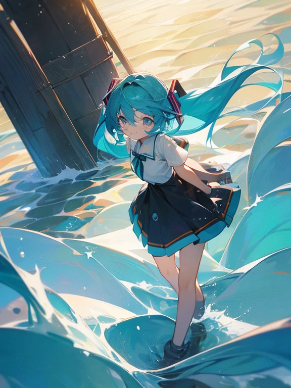 ((Obra maestra)),(mejor calidad),arte oficial,CG extremadamente detallado,fondo de pantalla de unidad 8k,ultra detallado,Un faro sobre un acantilado junto al mar.,1 chica,solo,tiro de vaquero,Hatsune Miku,mirando al espectador,camisa sin mangas,Camisa blanca,franja,sonrisa,muslos negros,pelo entre los ojos,dos colas,cabello muy largo,ojos aguamarina,pelo aguamarina,mangas separadas,mini falda,corbata aguamarina,botas hasta el muslo,