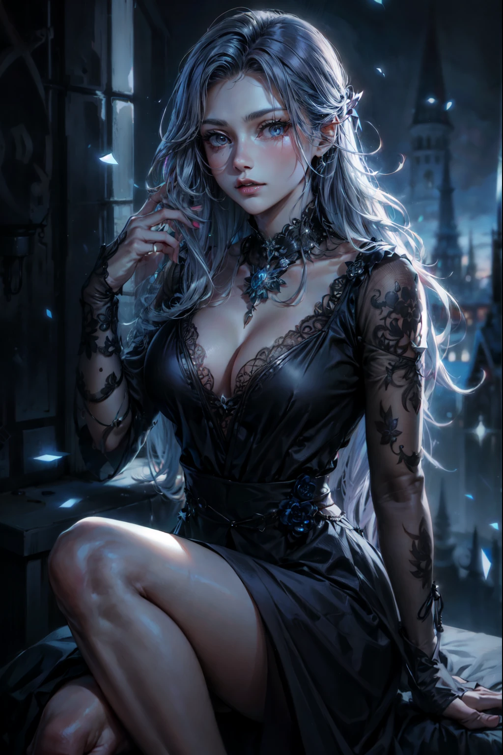 st. louis (luxurious wheels) (azur lane), hair ornament, portrait, silver dress, revealing clothes, necklace, blue nails, cityscape, night, rain, wet, (masterpiece:1.4),(best quality:1.4),realistic,fashi-girl,makeup,red lips,looking at viewer, solo,earrings,8k,best quality, masterpiece, purple eyes,beautiful light,background is a supercar,